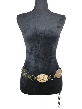 Vintage Y2K Leather Studded Metal  Circle  Link Black/ Tan  Waist Belt One Size